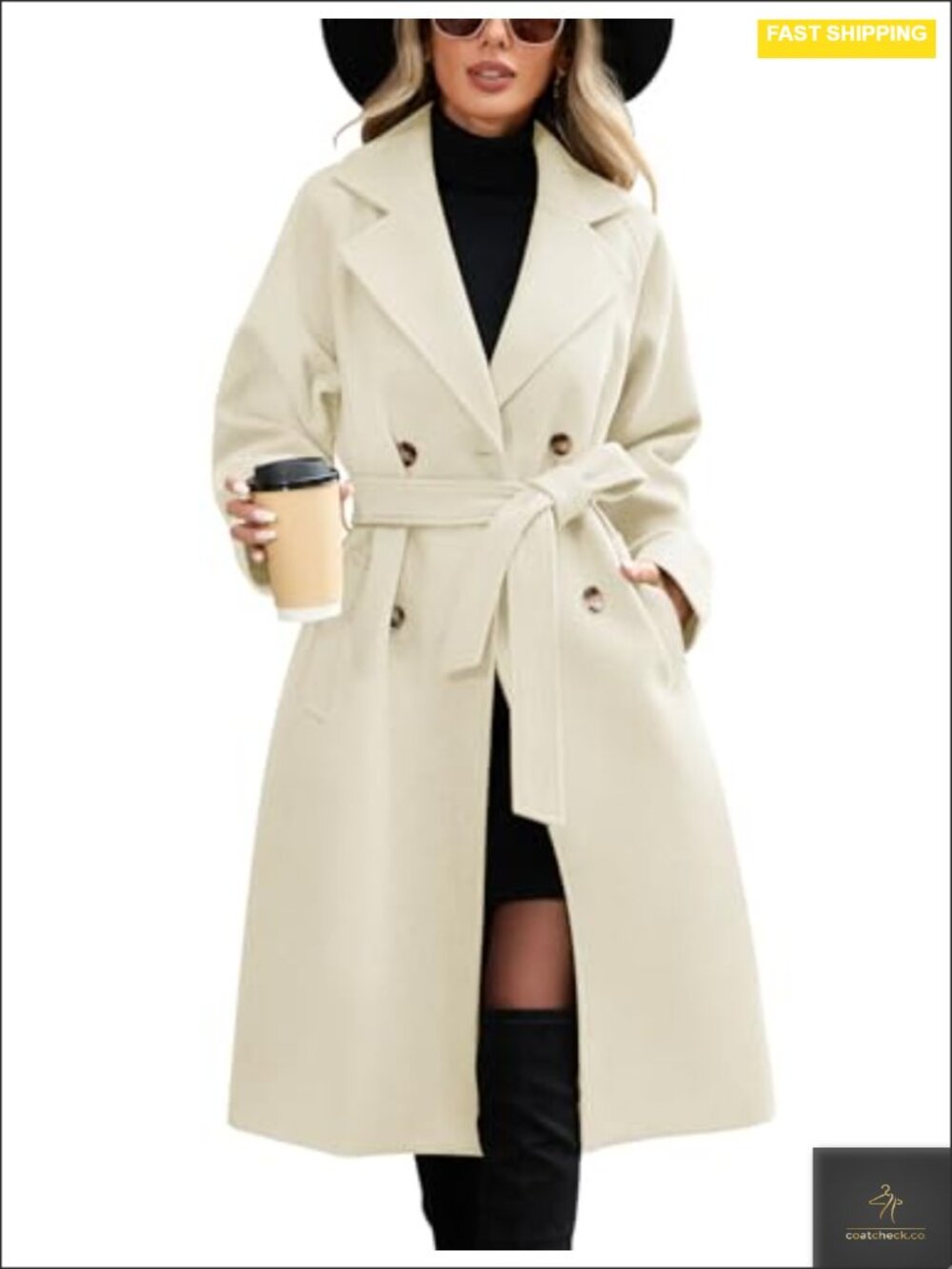 Women's Double Breasted Long Pea Coat with Belt Notch Lapel